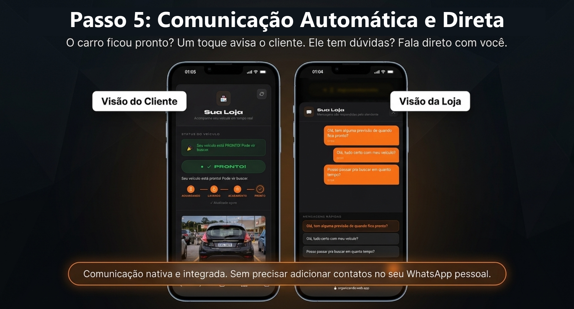 Passo 5: Comunicação Automática e Direta. O carro ficou pronto? Um toque avisa o cliente. Ele tem dúvidas? Fala direto com você. Dois mockups iPhone lado a lado mostrando a mesma conversa em perspectivas diferentes — Visão do Cliente (página da loja com status PRONTO + foto do veículo) e Visão da Loja (chat 'Sua Loja' recebendo mensagens do cliente com templates de resposta rápida embaixo). Comunicação nativa e integrada. Sem precisar adicionar contatos no seu WhatsApp pessoal.